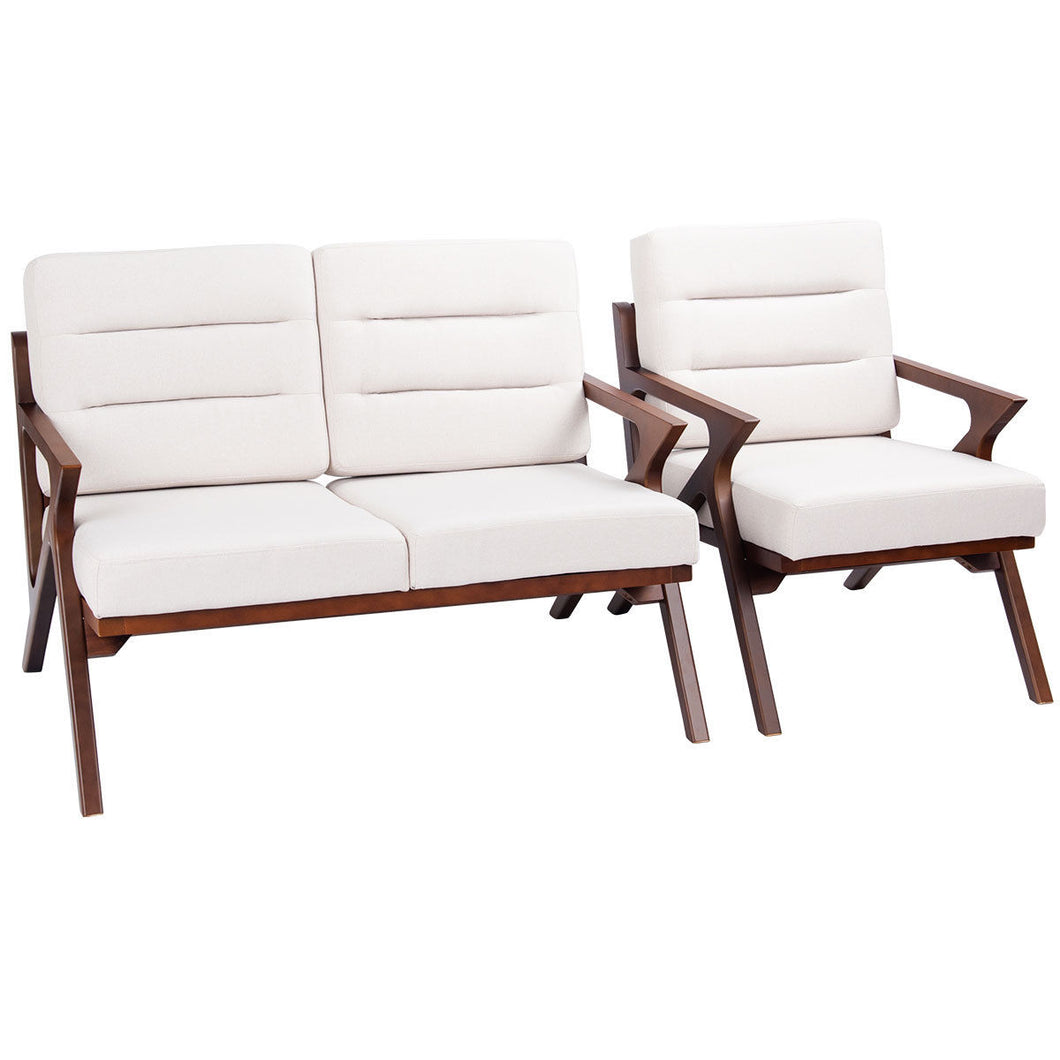 Gymax 2 Piece Loveseat and Single Sofa Set Mid-Century Fabric Upholstered Armchair