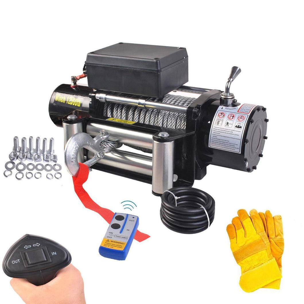 Gymax Classic 12500lbs 12V Electric Recovery Winch Truck SUV Wireless Remote with Gloves