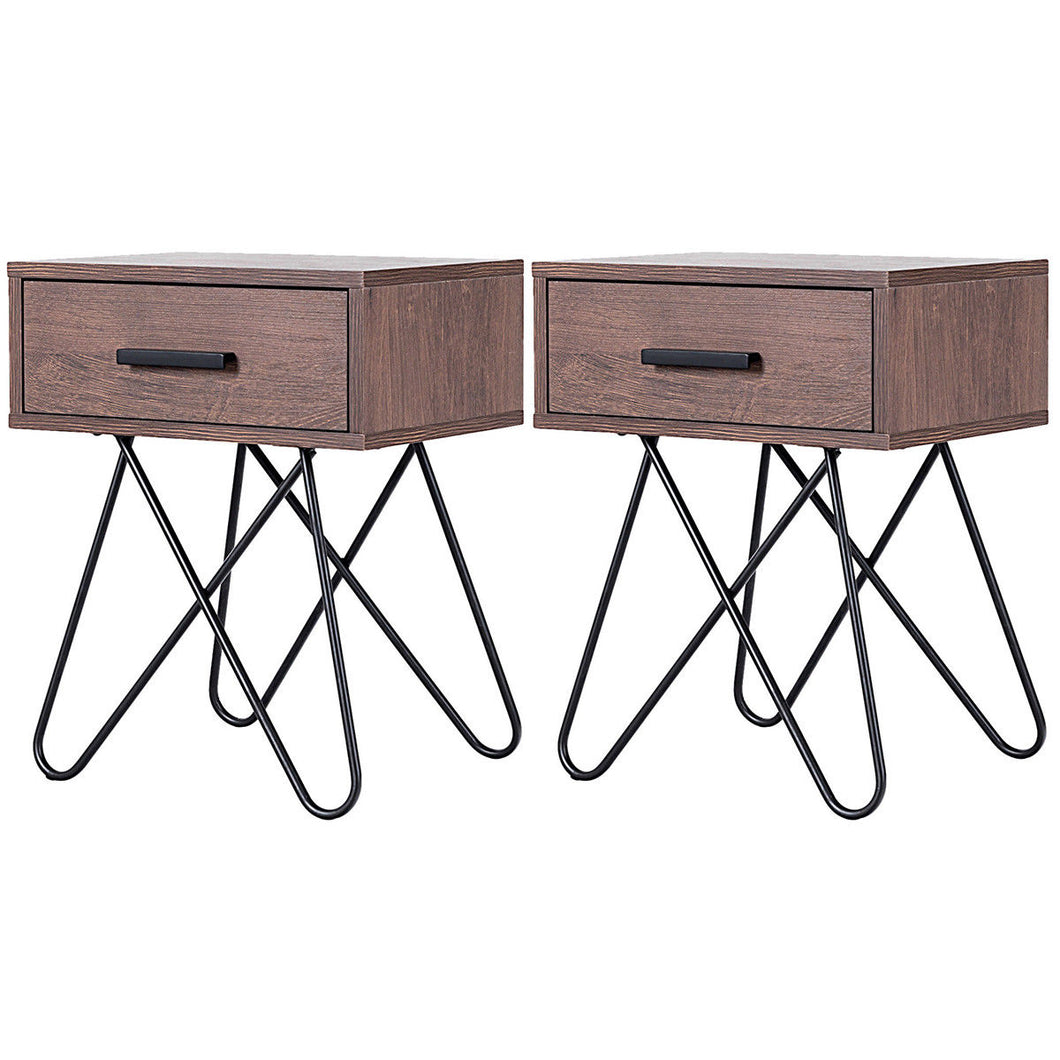 Gymax 2PC Nightstand Side End Coffee Table Storage Display Steel Hairpin Legs With Drawer