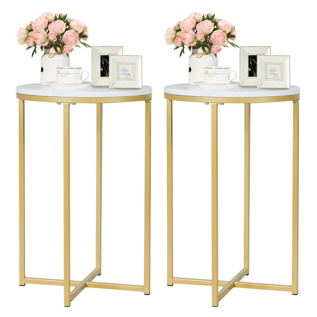 Gymax Set of 2 Round Side End Coffee Table Nightstand Faux Marble Top with Metal Frame