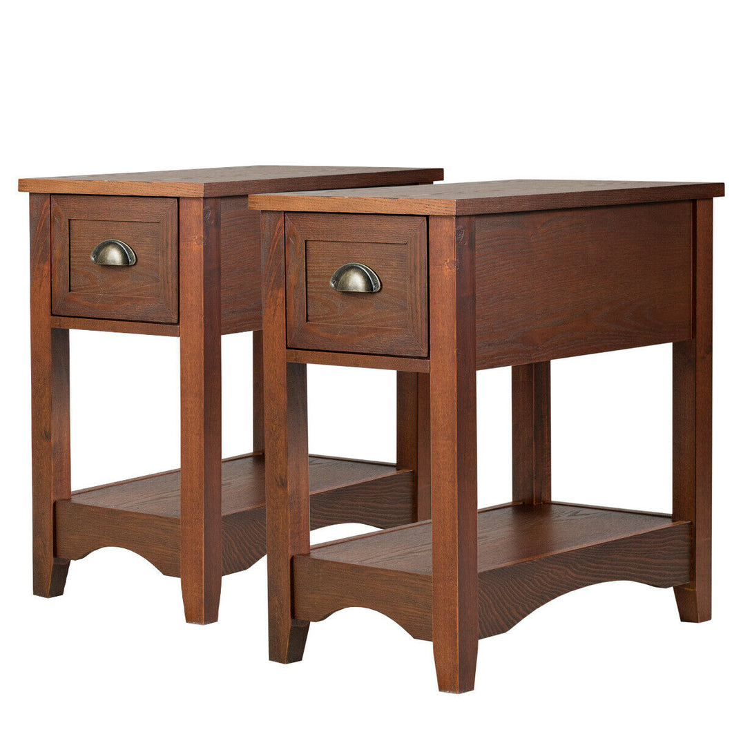 Gymax Set of 2 Contemporary Side End Table Compact Table with  Drawer Nightstand Walnut