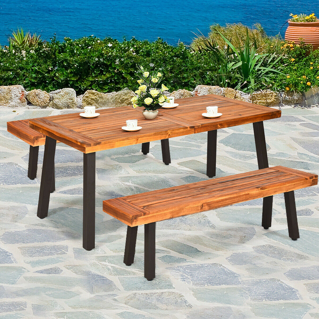 Gymax 3 PCS Picnic Dining Table Set Acacia Wood Rustic Metal with  Umbrella Hole