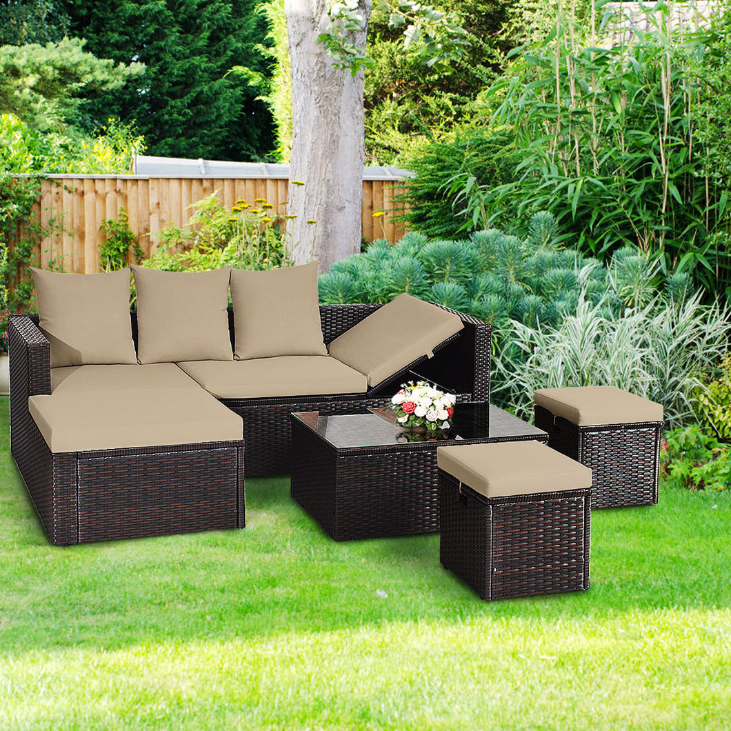 Gymax 5PCS Patio Rattan Cushioned Conversation Set with  Ottoman Coffee Table