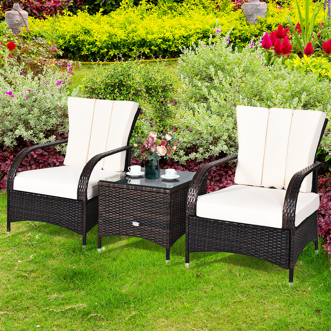 Gymax 3PCS Patio Rattan Conversation Set Outdoor Furniture Set with  White Cushions