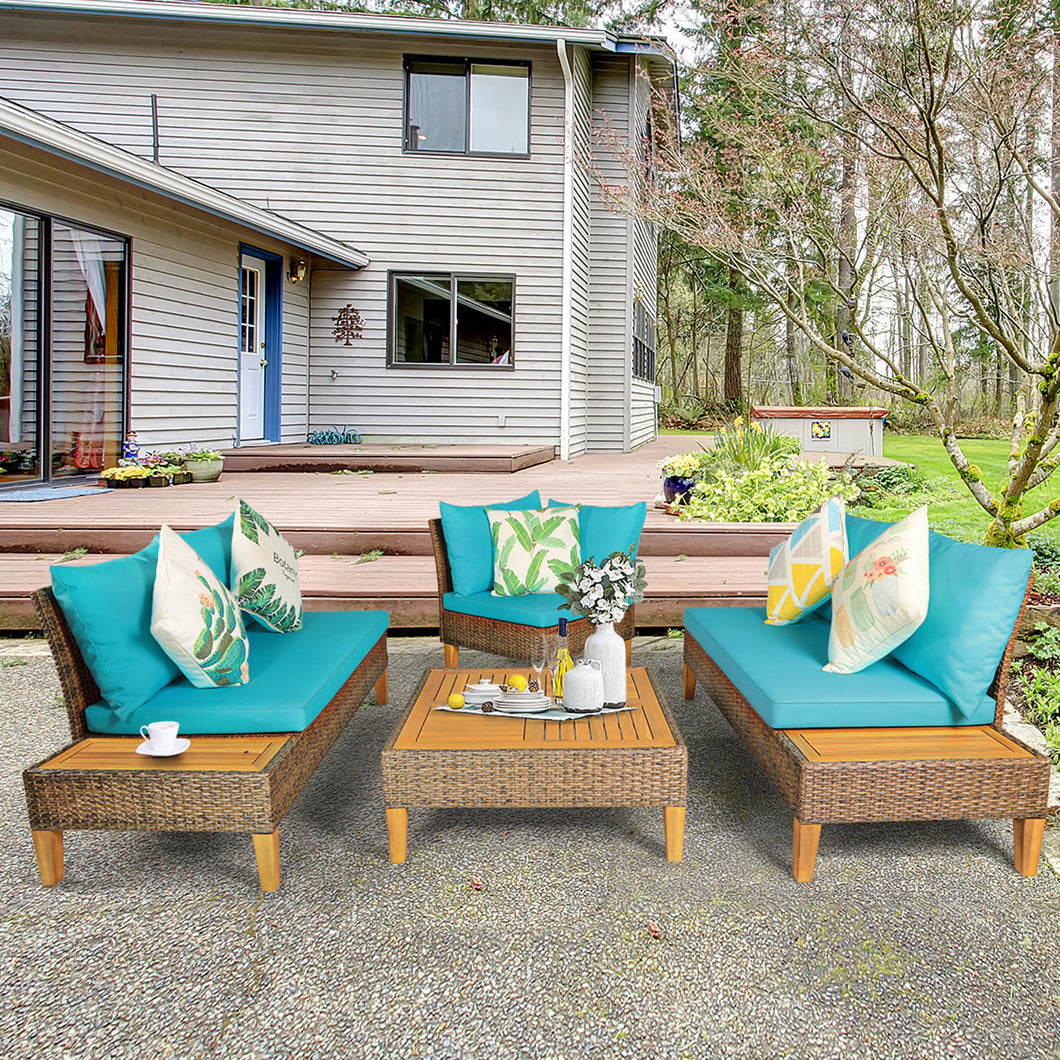 Gymax 4PCS Rattan Patio Sofa Set Outdoor Furniture Set with  Turquoise Cushions