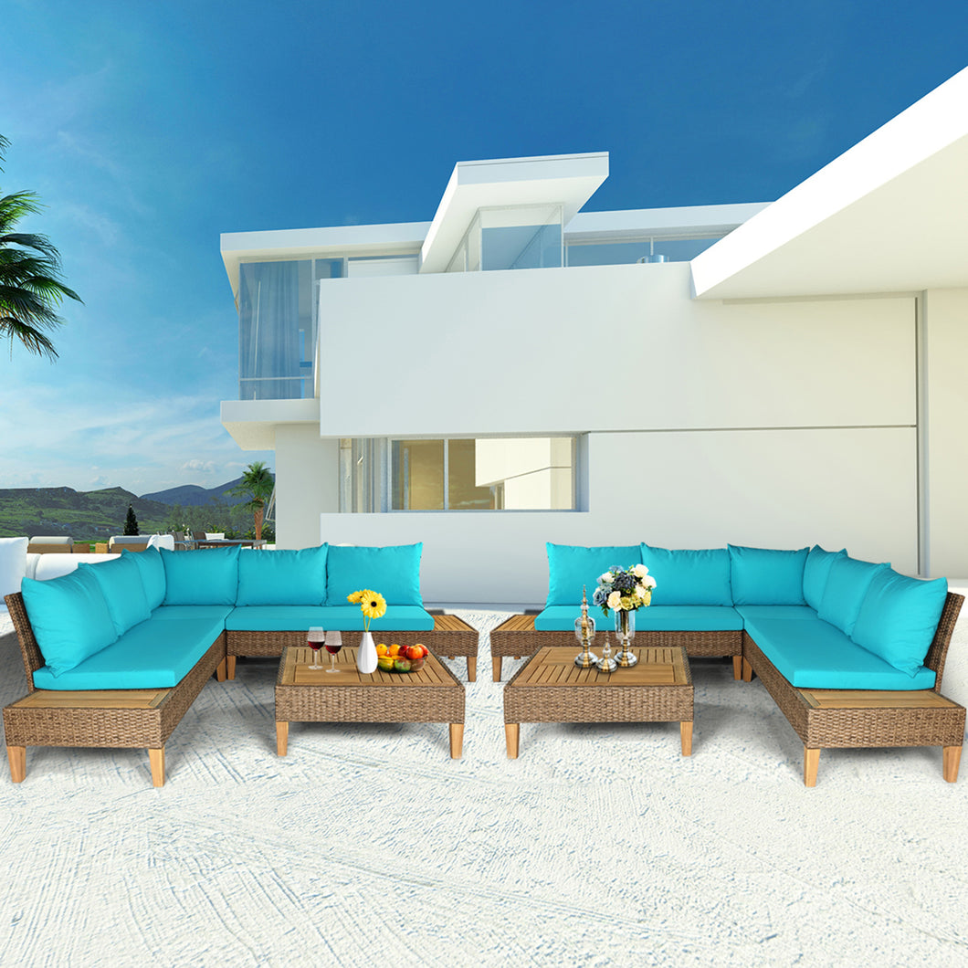 Gymax 8PCS Rattan Patio Sofa Set Outdoor Furniture Set with  Turquoise Cushions