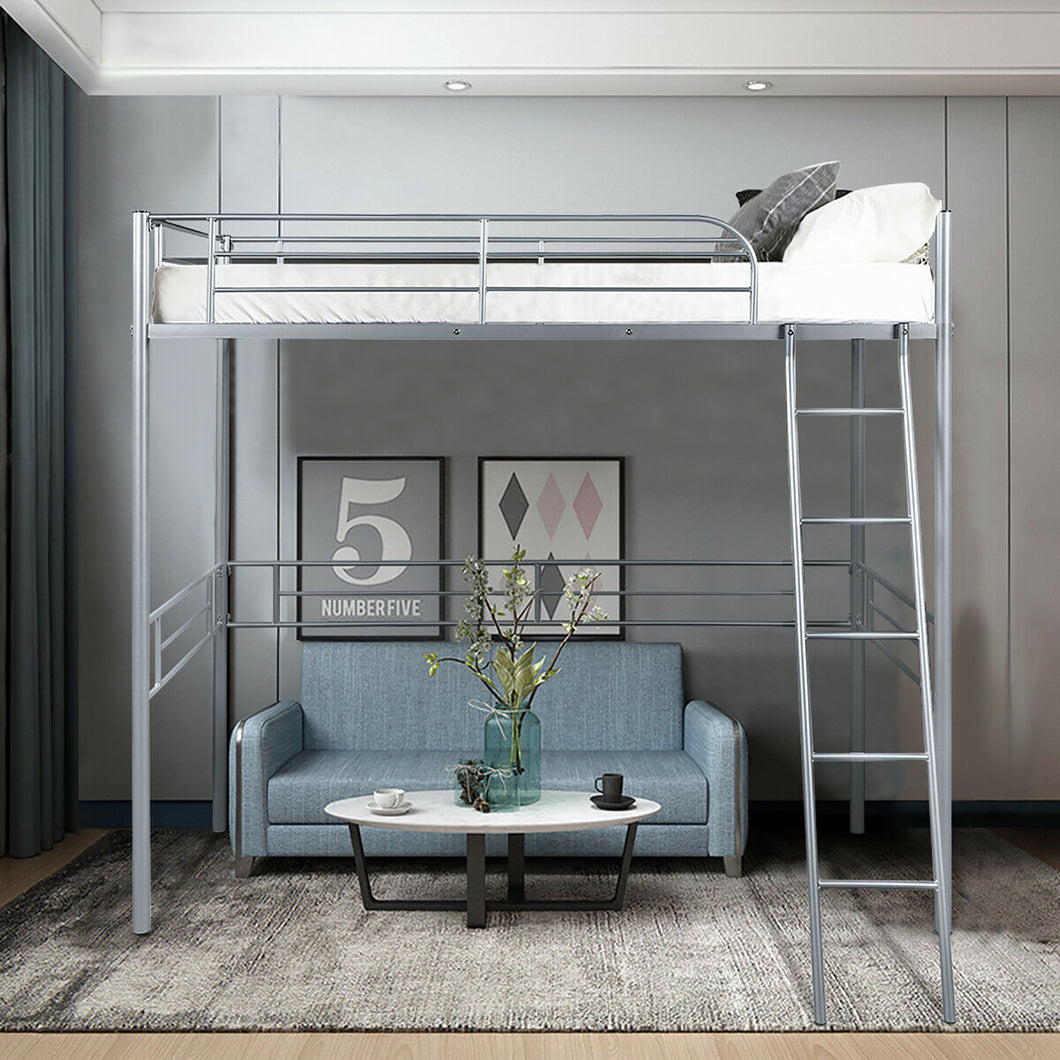 Gymax Twin Size Metal Loft Bed Frame Single High Loft Bed With Ladder & Guard Rail Silver