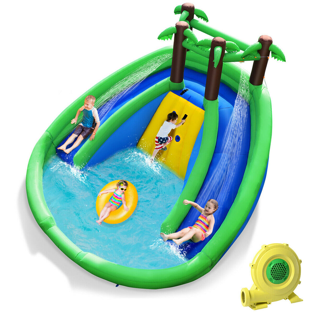 Gymax Inflatable Water Park Pool Bounce House Dual Slide Climbing Wall with  735W Blower