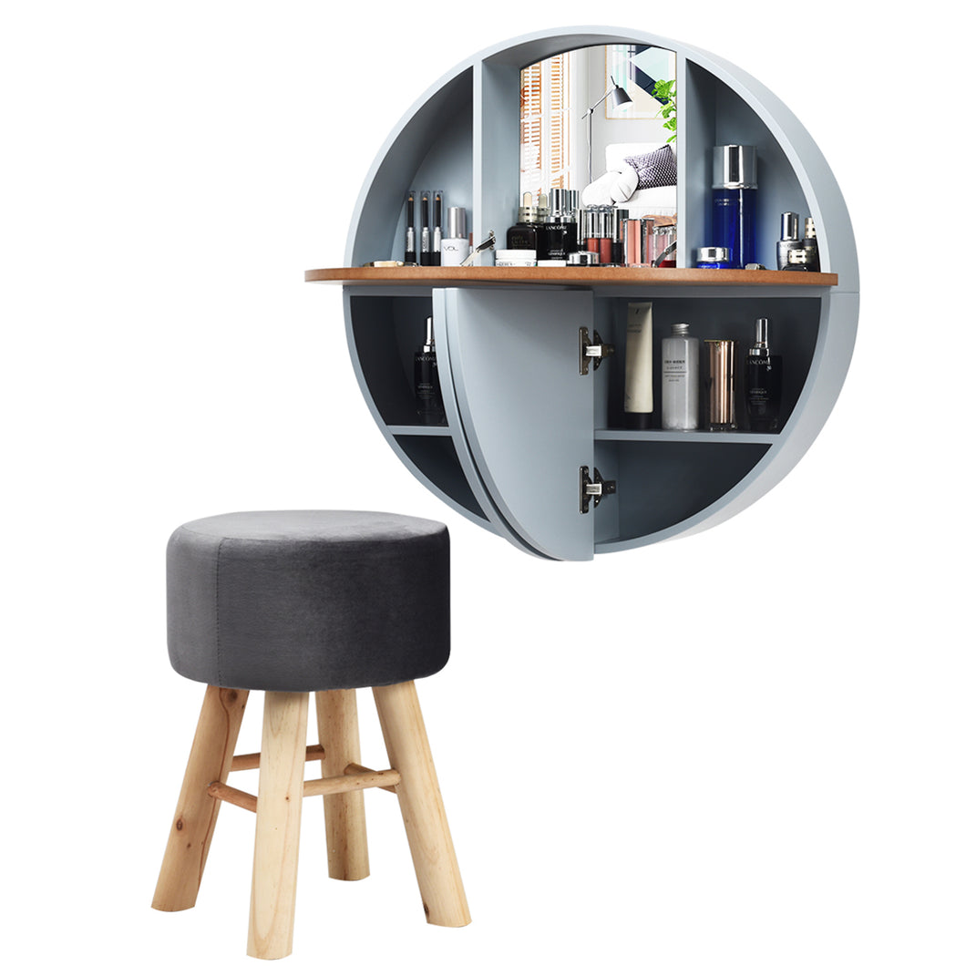 Gymax Wall Mounted Vanity Set Round Makeup Dressing Table & Stool Set with  Mirror