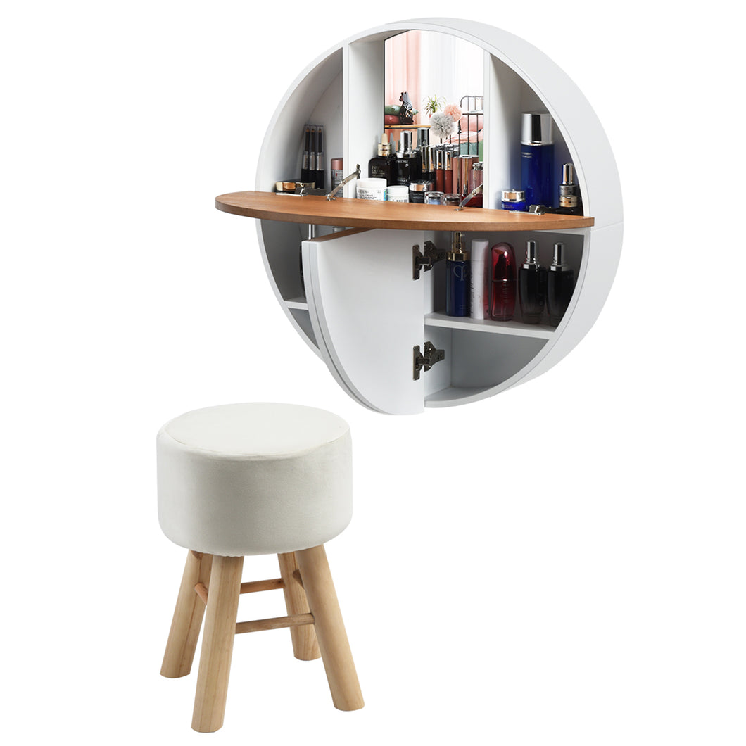 Gymax White Wall Mounted Vanity Set Round Makeup Dressing Table & Stool Set with  Mirror