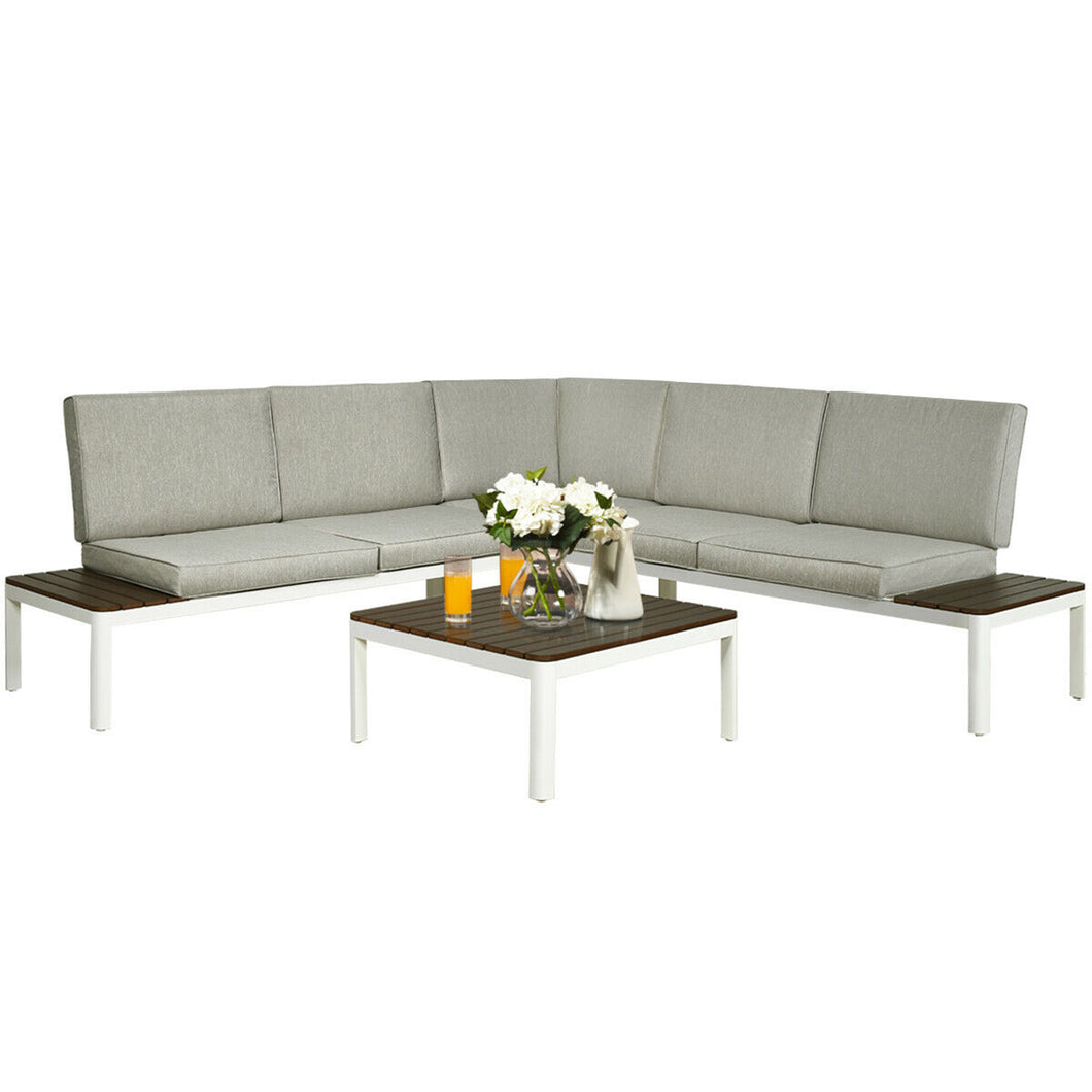 Gymax 4PCS L-Shape Aluminum Sofa Conversation Set Patio Furniture Set with  Cushion