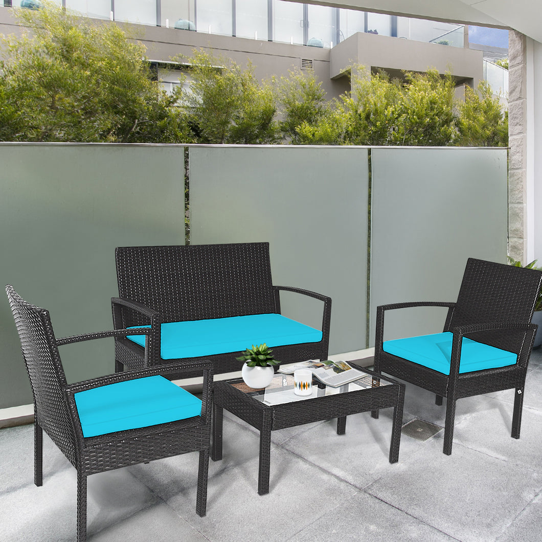 Gymax 4PCS Rattan Conversation Set Patio Furniture Set with  Turquoise Cushion