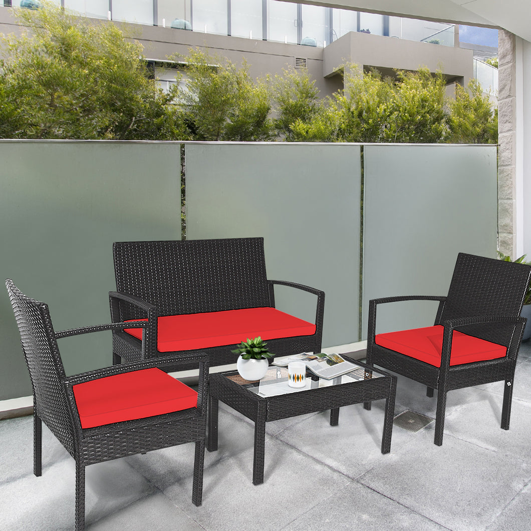 Gymax 4PCS Rattan Conversation Set Patio Furniture Set with  Red Cushion
