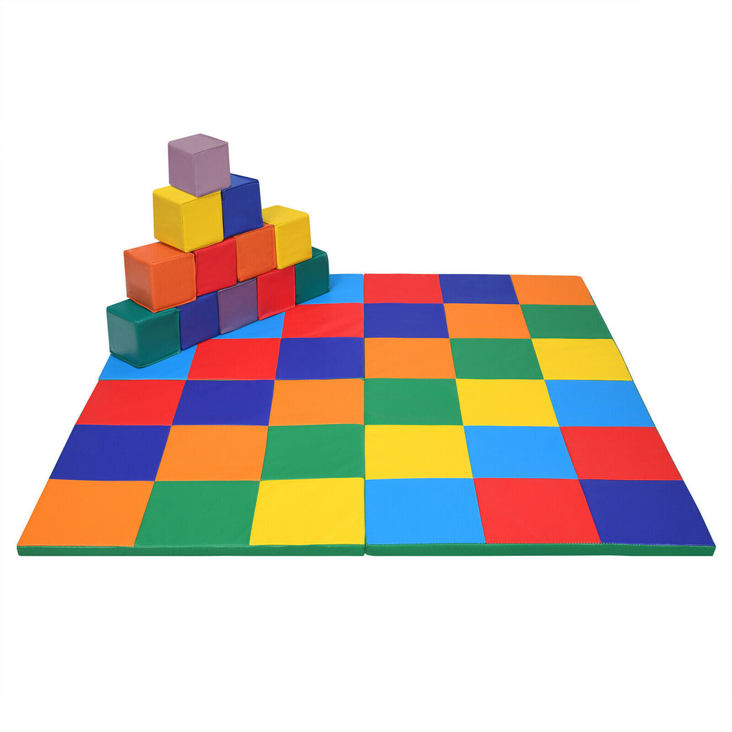 Gymax 58'' Toddler Folding Floor Mat with 12 Soft Foam Building Blocks Playset Softzone