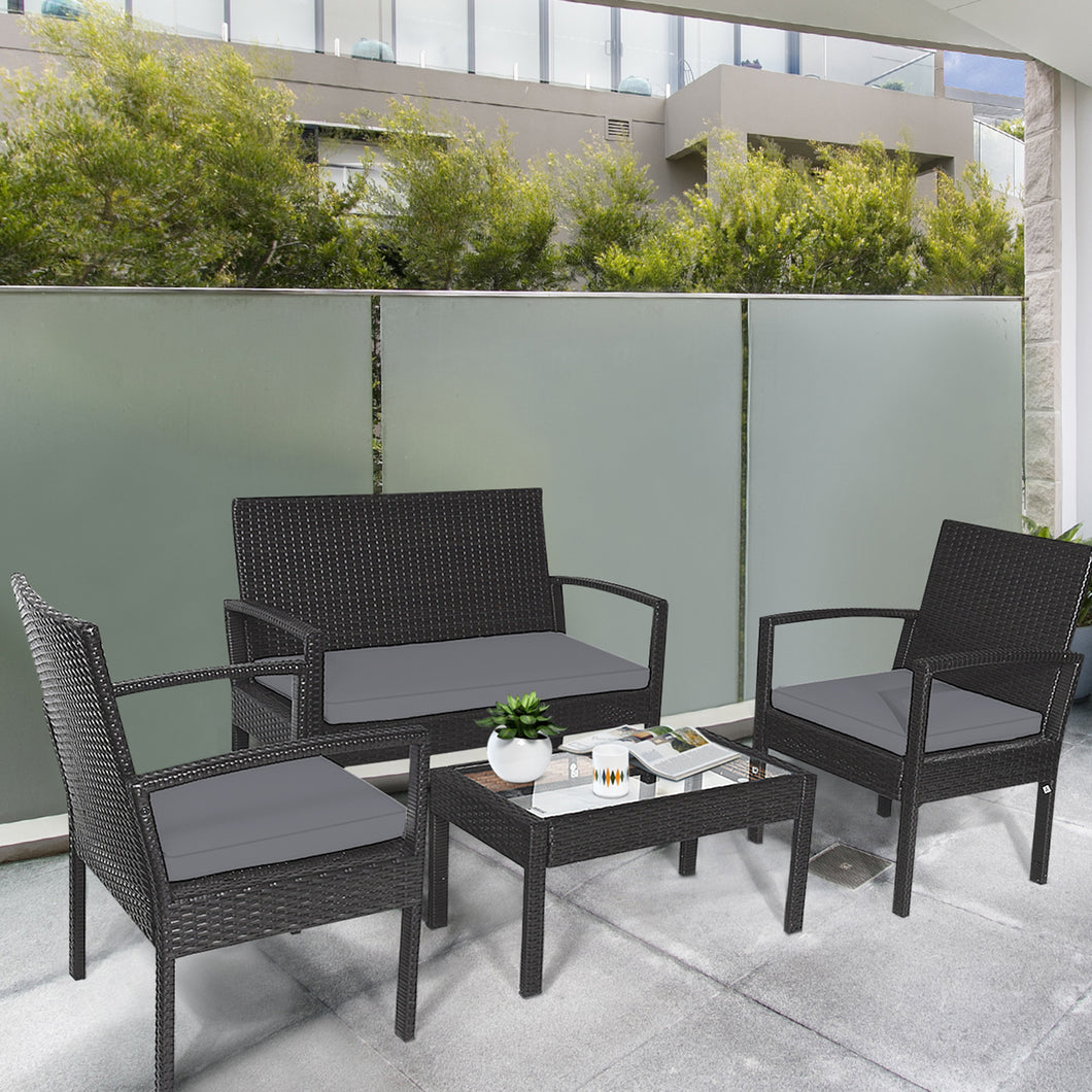 Gymax 4PCS Rattan Conversation Set Patio Furniture Set with  Grey Cushion