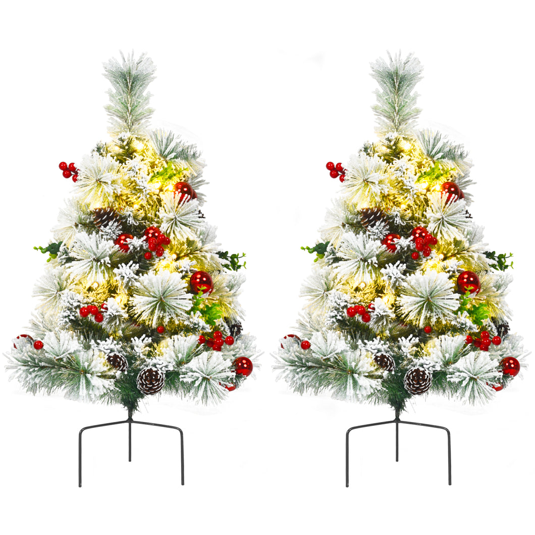 Gymax 2PCS Pre-Lit Snow Flocked Christmas Tree Pathway Xmas Tree with  8 Flash Modes