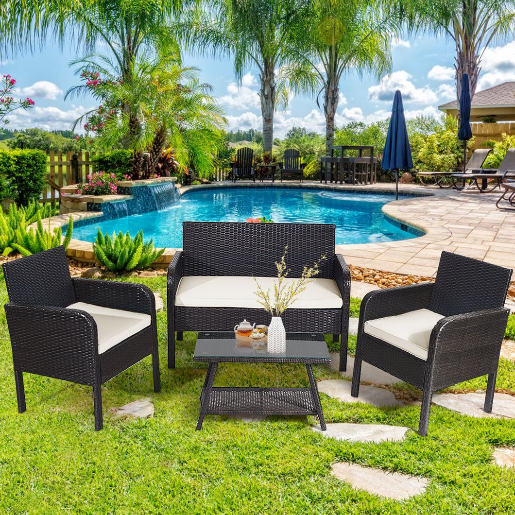 Gymax 4PCS Outdoor Rattan Furniture Set Patio Conversation Set with  White Cushion