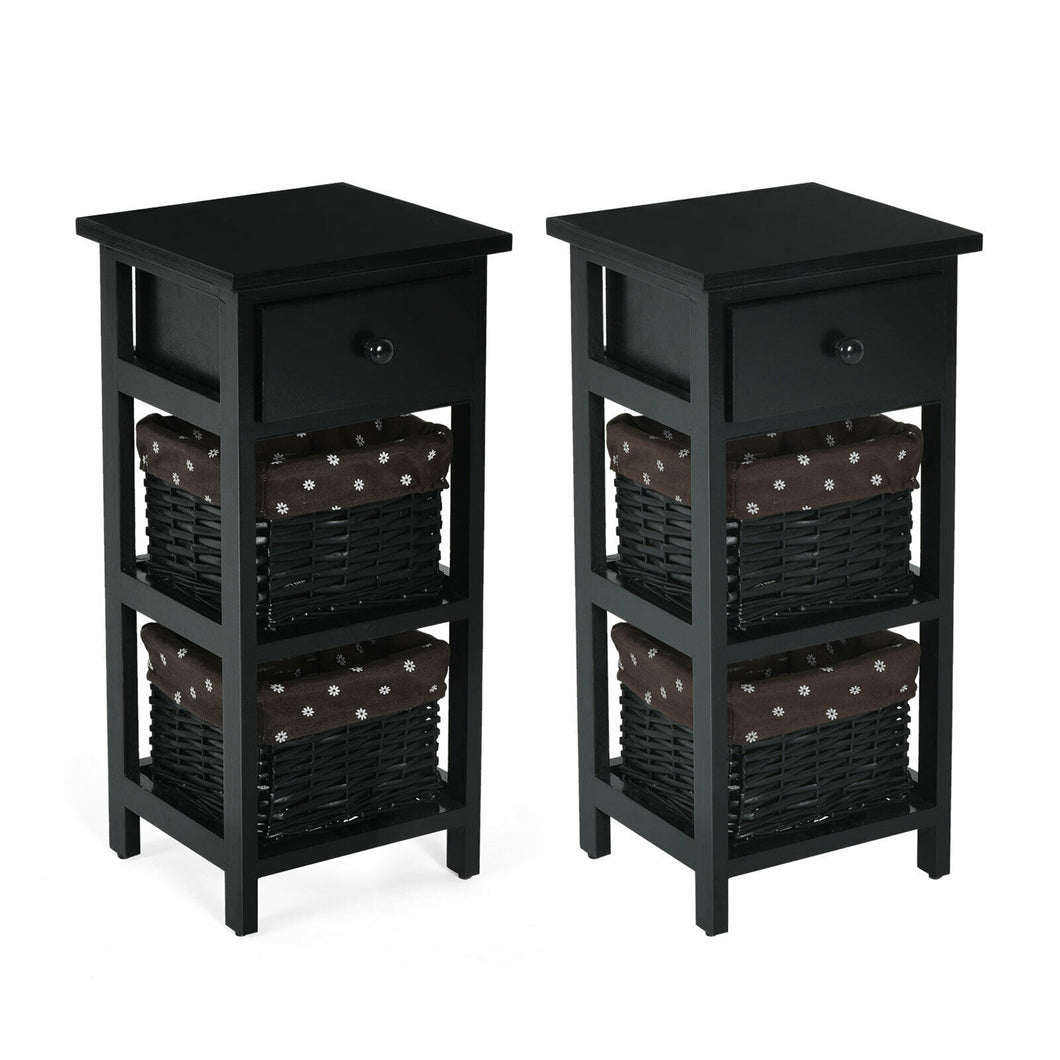 Gymax 2PCS End Bedside Table Nightstand Chest Cabinet Bedroom Furniture Drawer Baskets