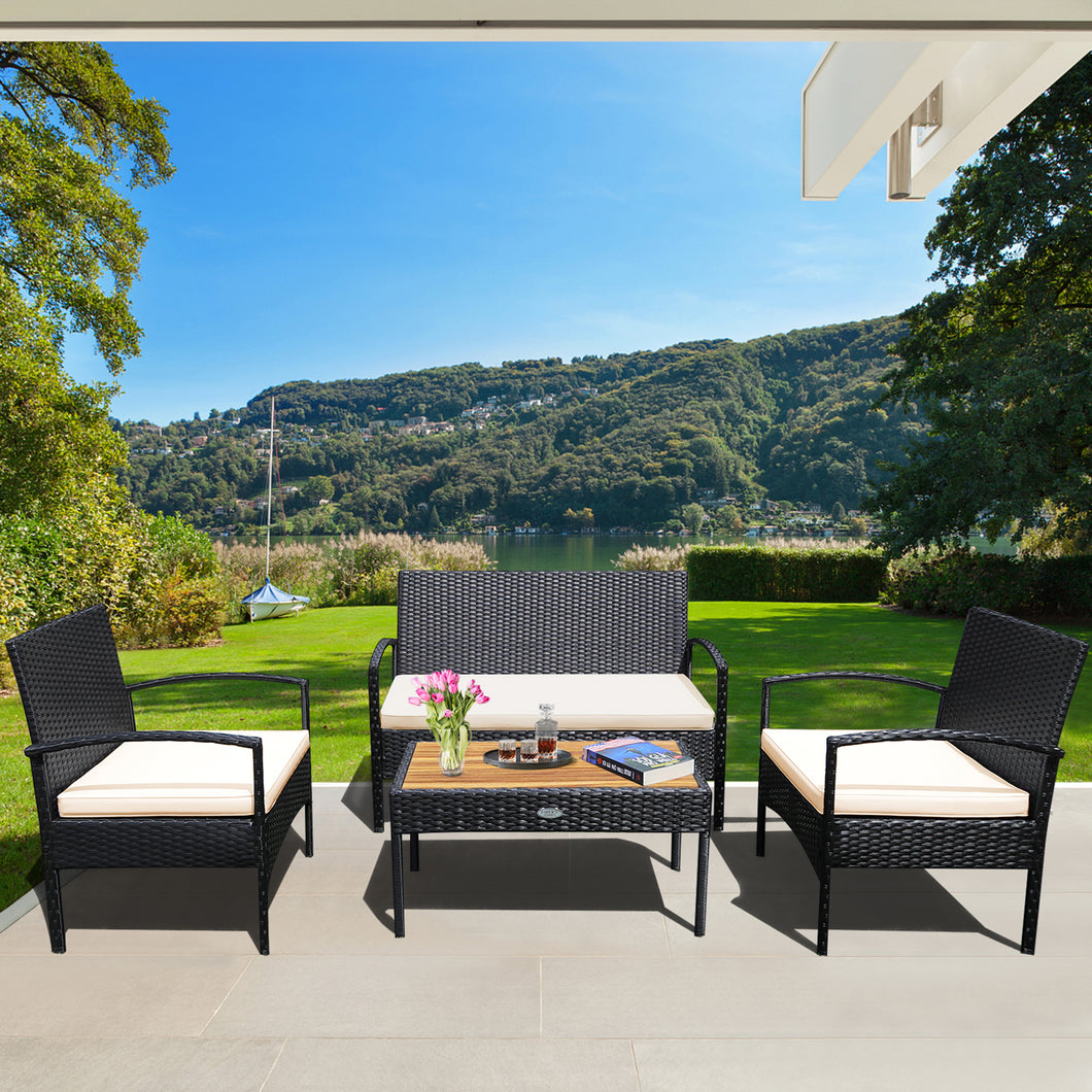 Gymax 8PCS Patio Rattan Conversation Set Wicker Furniture Set with  White Cushions