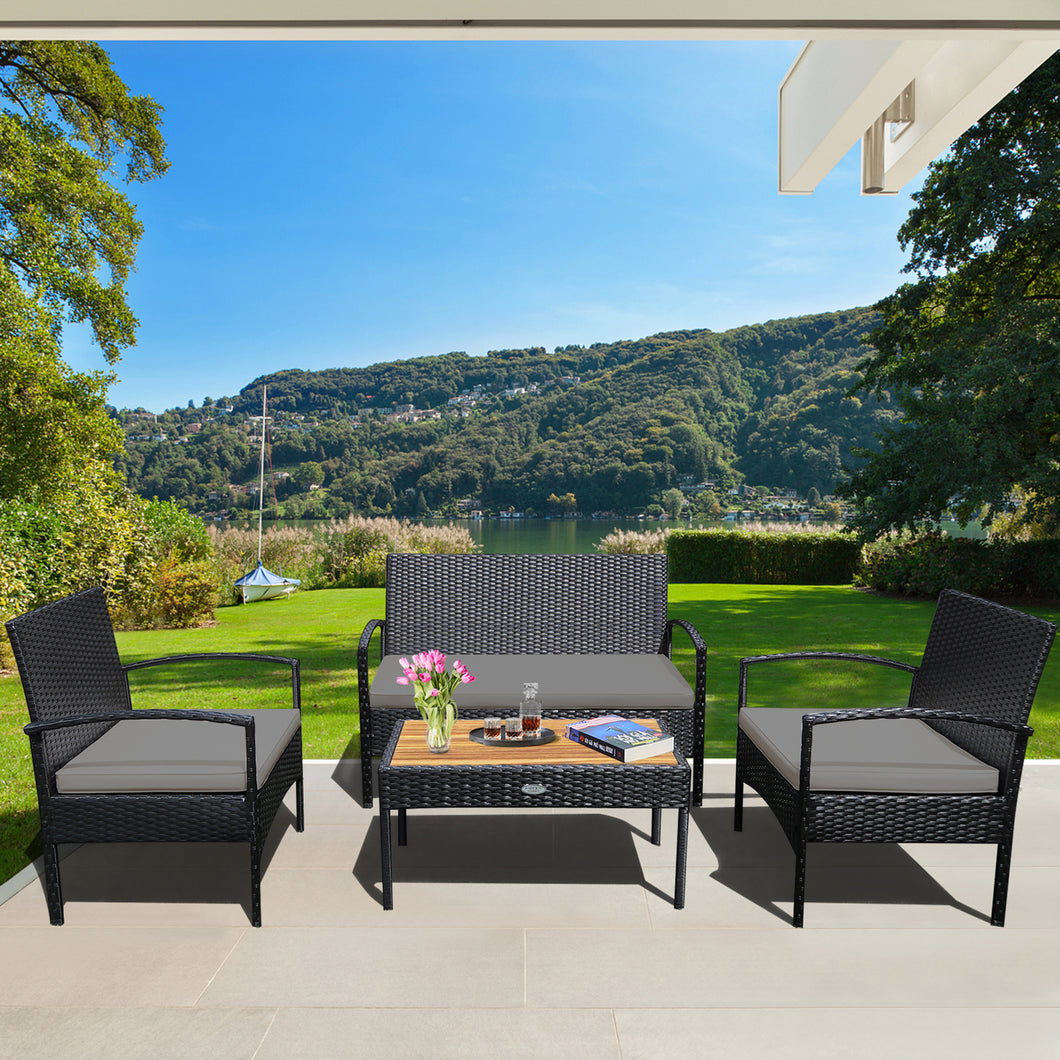 Gymax 4PCS Patio Rattan Conversation Set Wicker Furniture Set with  Grey Cushions