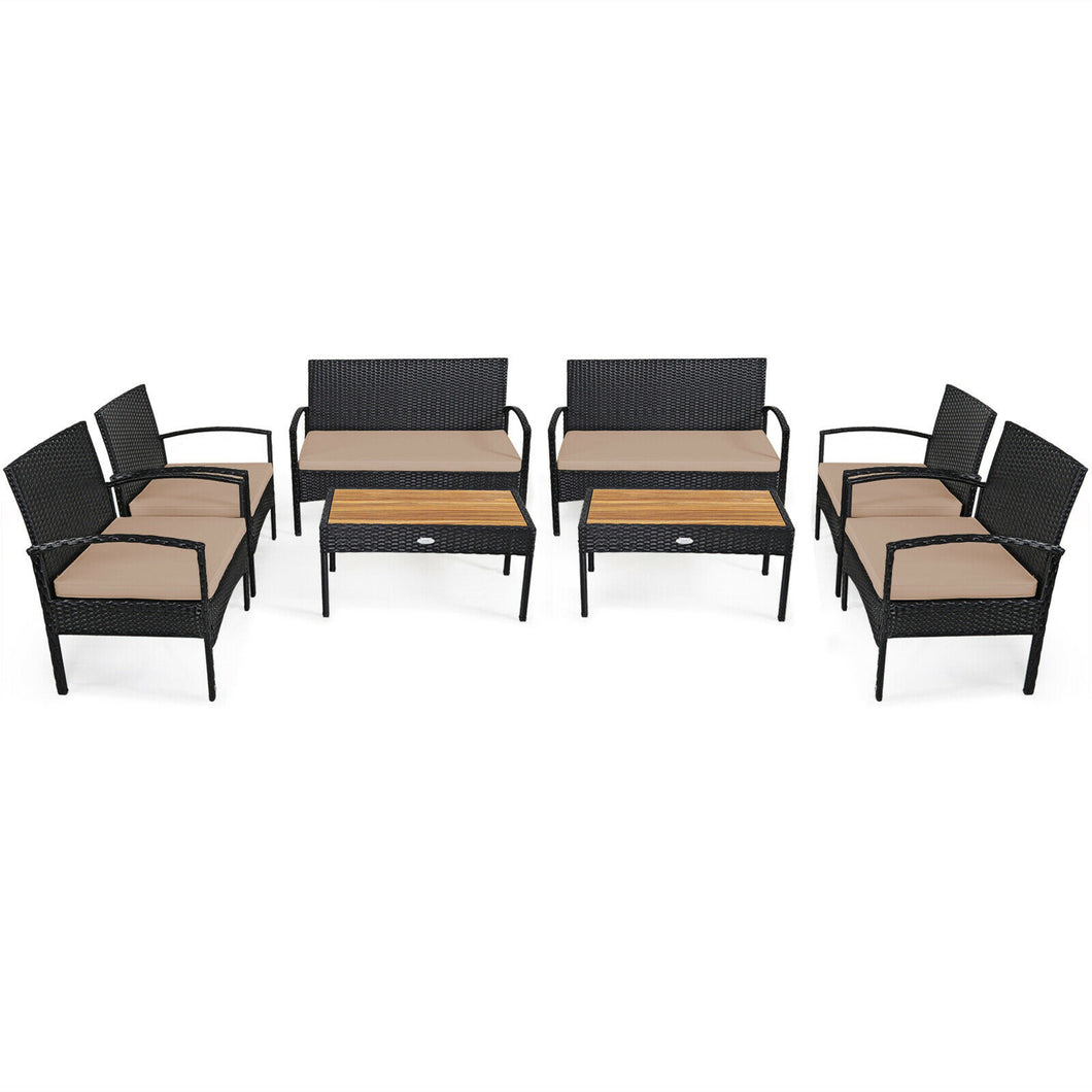 Gymax 8PCS Patio Rattan Conversation Set Wicker Furniture Set with  Brown Cushions