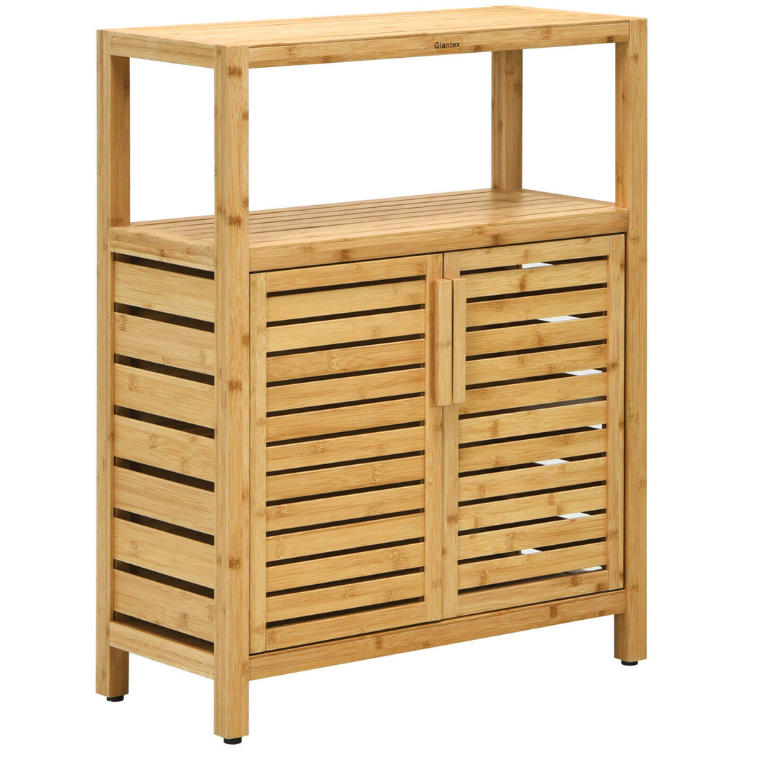 Gymax Two-door Bamboo Bathroom Floor Cabinet Storage Organizer with  Open Shelf