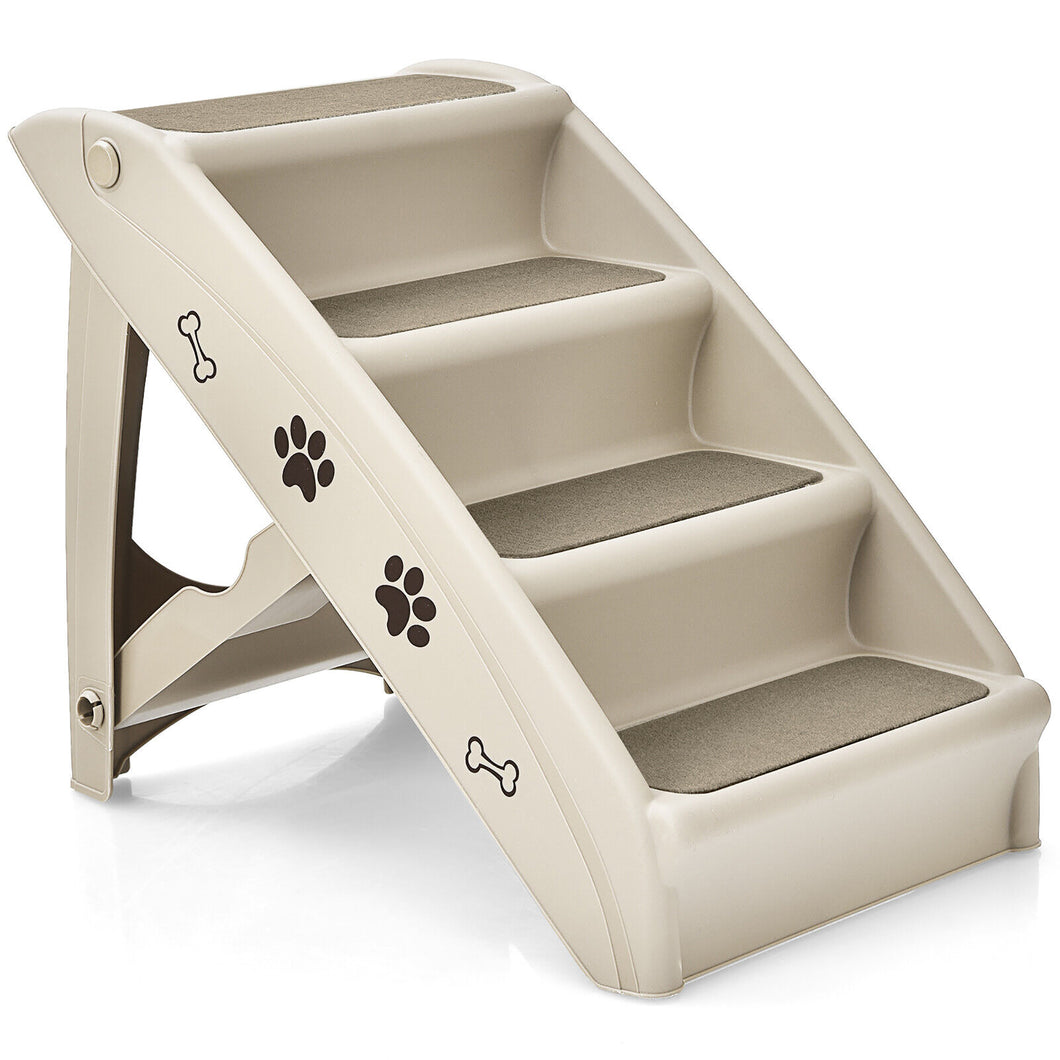 Gymax 4 Steps Folding Pet Dog Stairs with  Safe Side Rail for Indoor Outdoor Beige