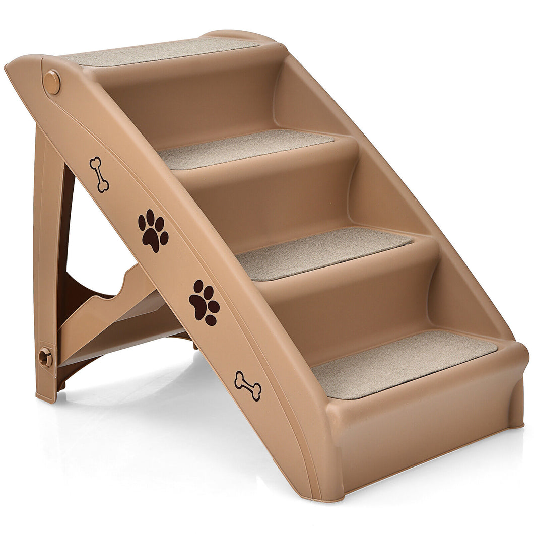 Gymax 4 Steps Folding Pet Dog Stairs with  Safe Side Rail for Indoor Outdoor Coffee