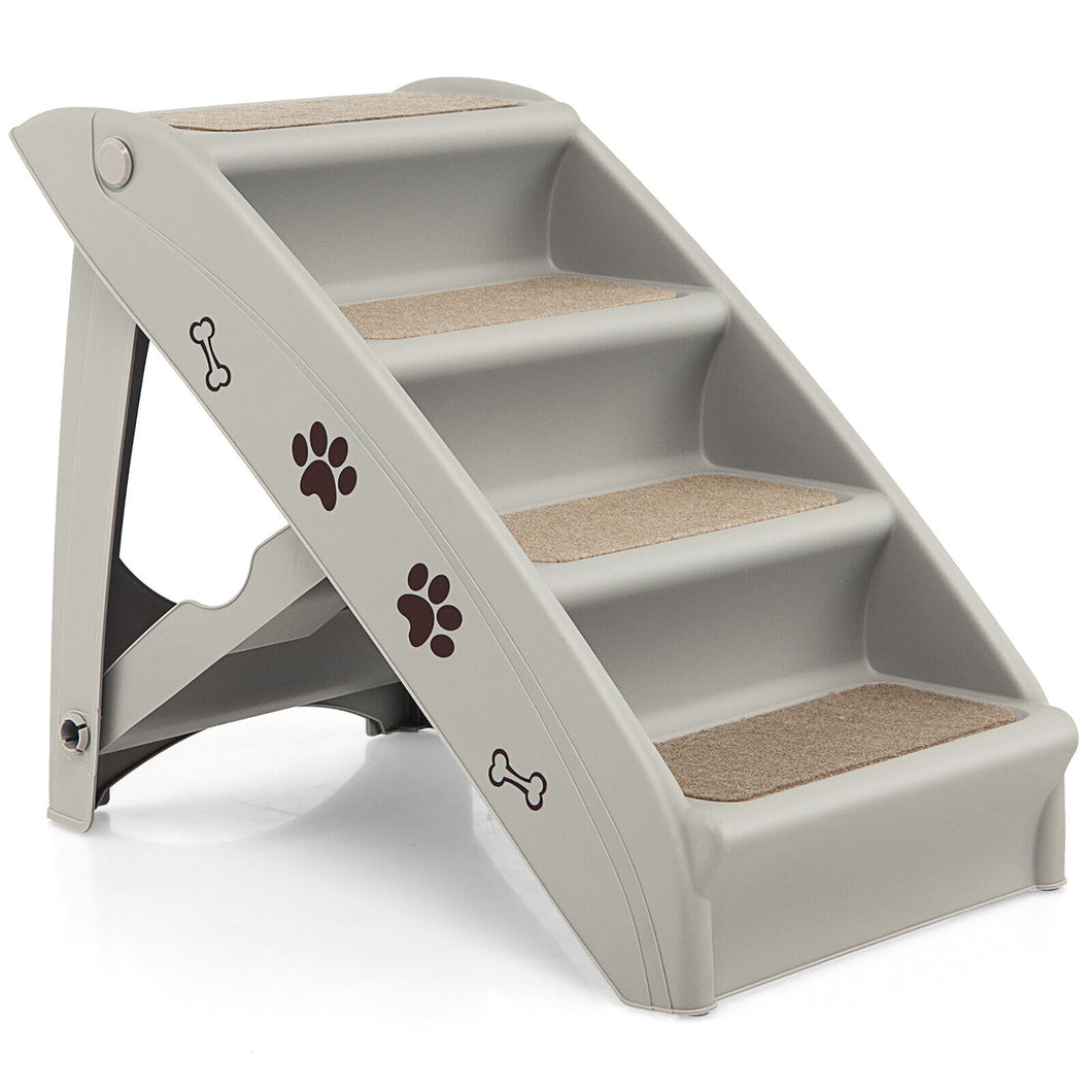 Gymax 4 Steps Folding Pet Dog Stairs with  Safe Side Rail for Indoor Outdoor Grey