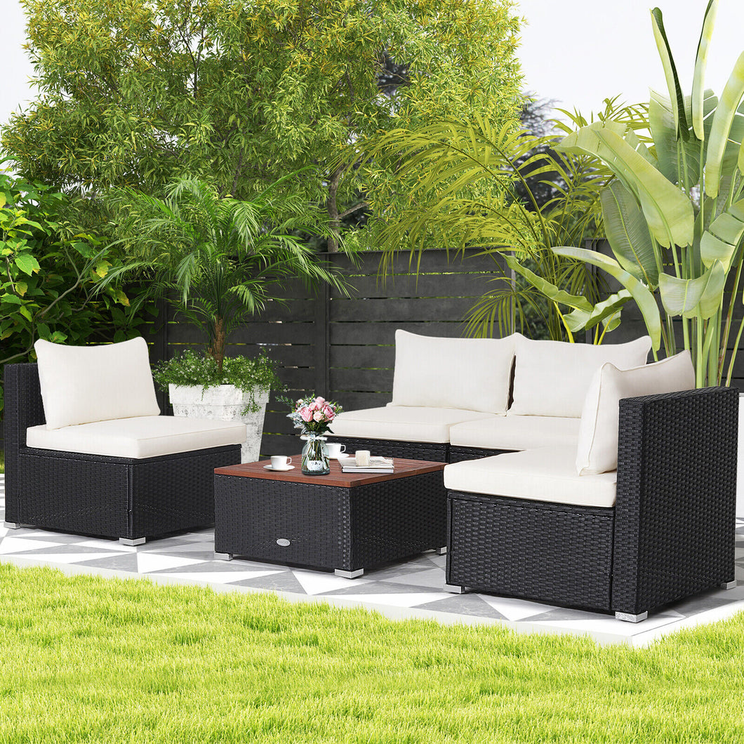 Gymax 5PCS Rattan Patio Conversation Sofa Set Outdoor Furniture Set with  Off White Cushions