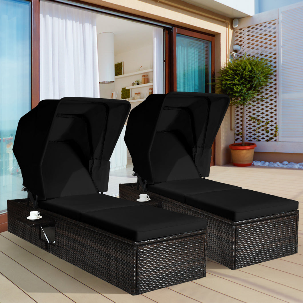 Gymax Set of 2 Rattan Patio Chaise Lounge Chair With  Adjustable Canopy Black Cushion