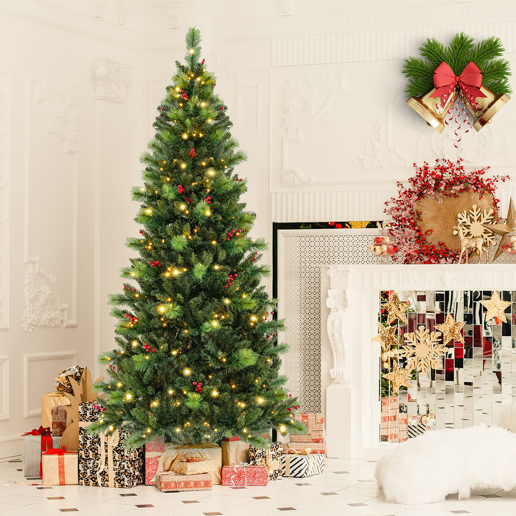 Gymax 7 FT Pre-Lit Artificial Christmas Tree with  974 Branch Tips & 400 Multi-Color & Warm-White LED Lights