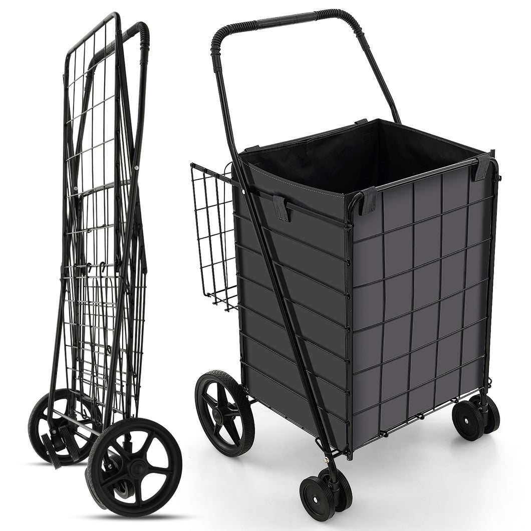 Gymax Folding Shopping Cart Utility Double Basket Grocery Cart with  Waterproof Liner