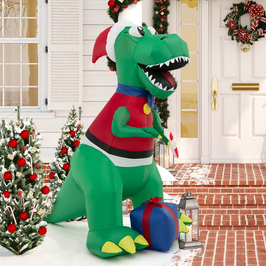 Gymax 6 FT Inflatable Christmas Dinosaur with Gift Blow Up Christmas Decoration with  LED Lights