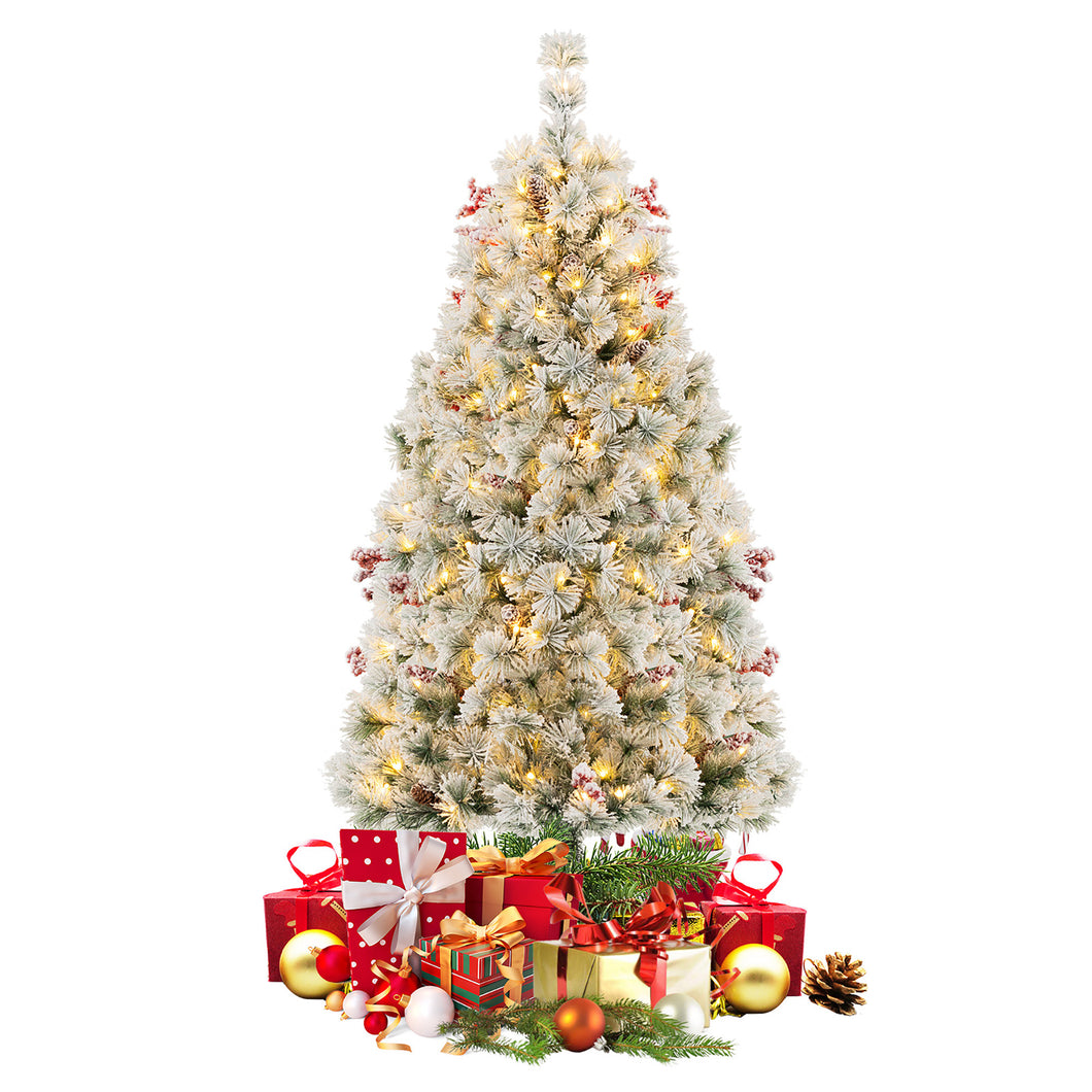 Gymax 4.5 FT Pre-Lit Artificial Christmas Tree Snow-Flocked Hinged Xmas Tree with  251 Pine Needles & 200 LED Lights
