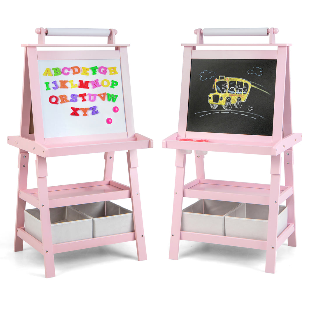 Gymax 3 in 1 Double-Sided Storage Art Easel with Paint Cups for Kid Writing Teal Frosting Pink