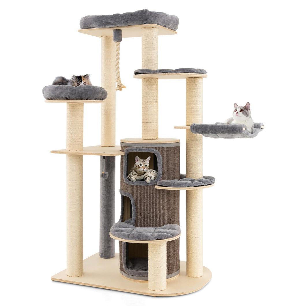 Gymax Wooden Cat Tree Multi-Level Kitten Tower with  Condo Perches Scratching Posts Grey