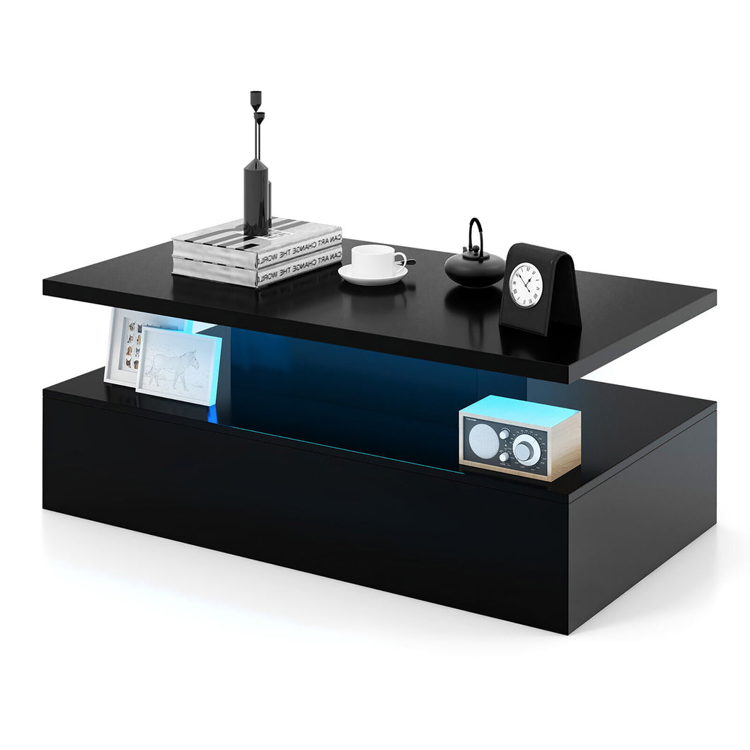 Gymax LED Coffee Table 2-Tier High Glossy with Adjustable Light & Remote Control Black
