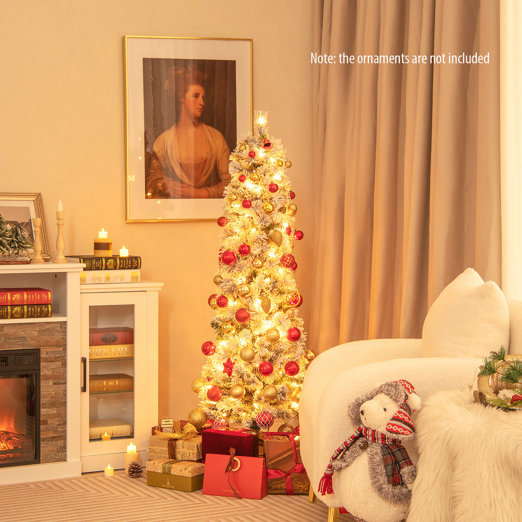 Gymax 4.5 FT Pre-Lit Artificial Christmas Tree Slim Pencil Xmas Tree with  258 Snow-Flocked Branch Tips