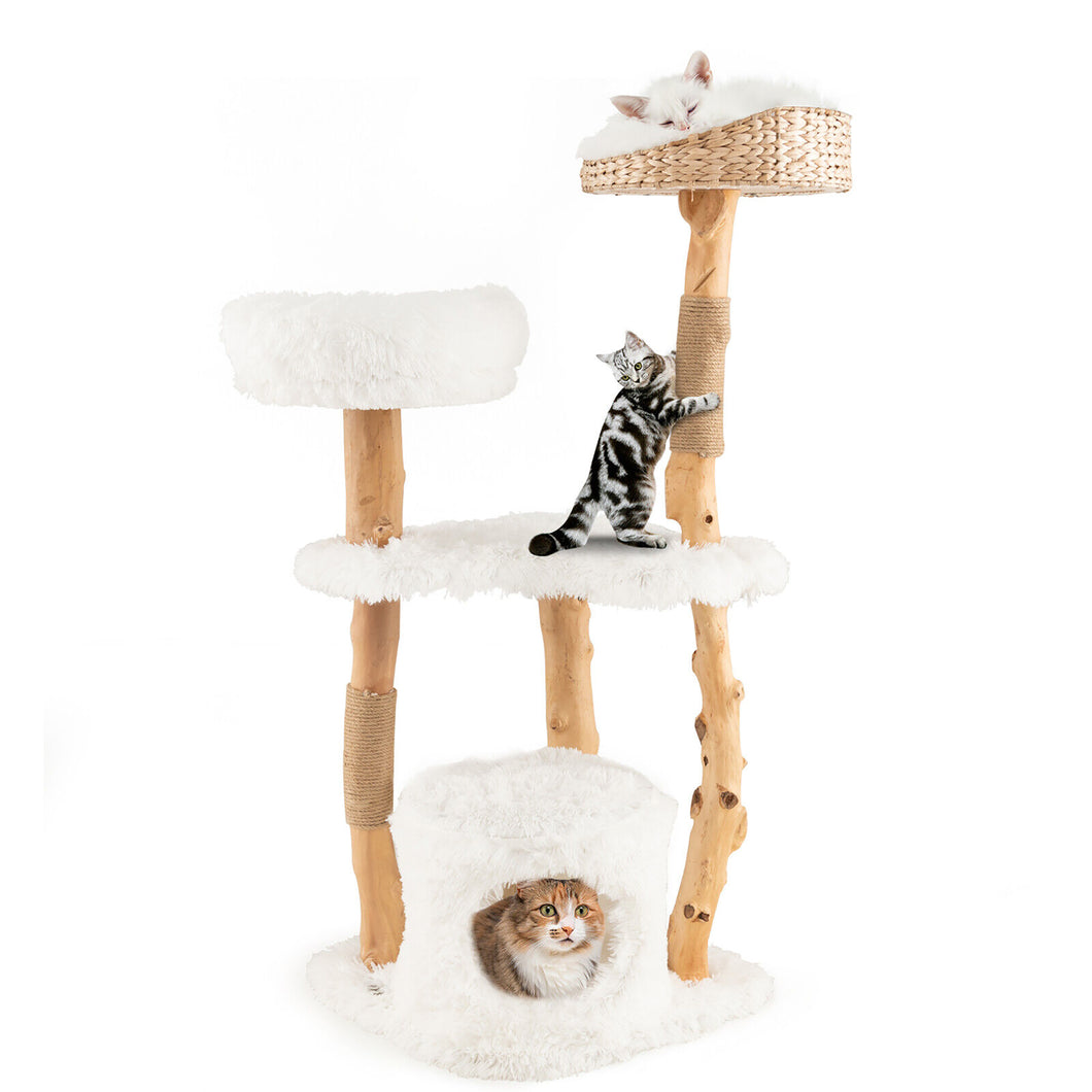 Gymax 49'' Tall Wooden Cat Tree Solid Wood Cat Tower with Jute Scratching Posts