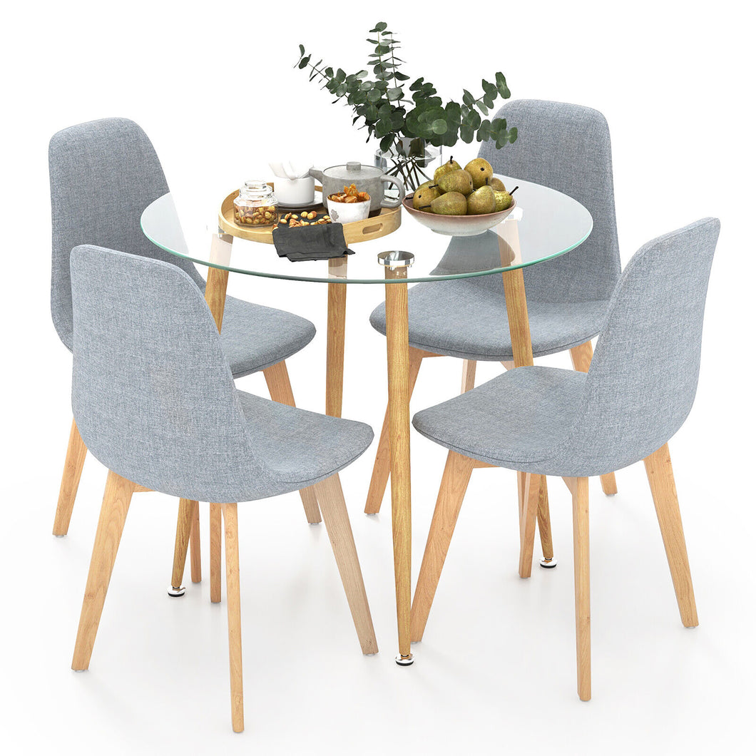 Gymax 5 PCS Dining Set Round Tempered Glass Table 4 Fabric Chairs Solid Wood Kitchen