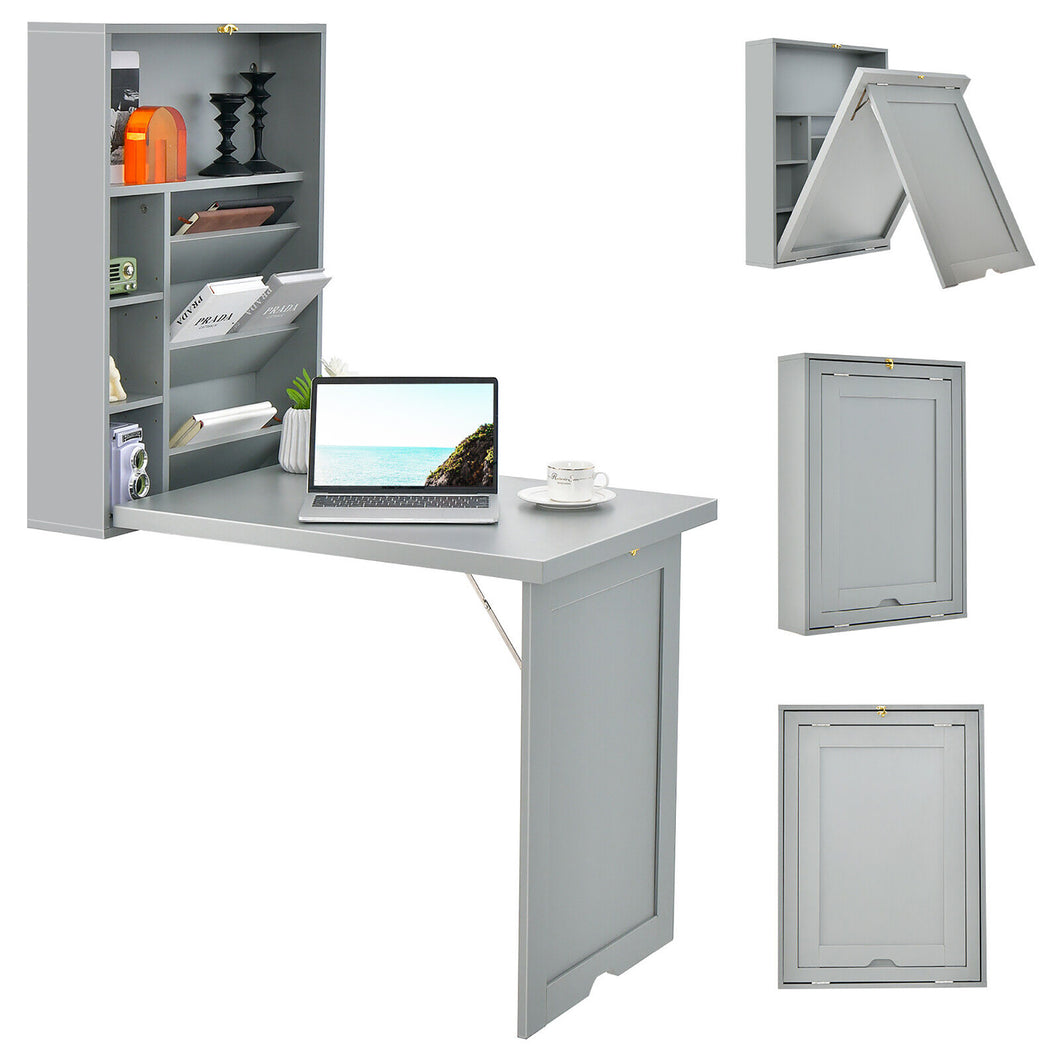 Gymax Wall Mounted Computer Convertible Desk Floating Desk with  Storage Bookcases Grey