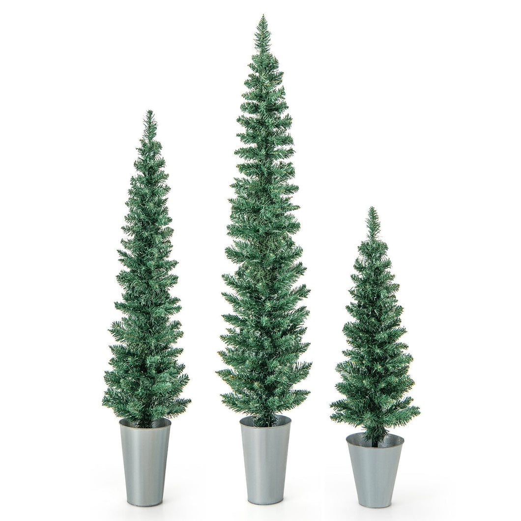 Gymax Potted Artificial Christmas Tree Set of 3 with 3ith 4ith 5 FT Faux Slim Pencil Trees