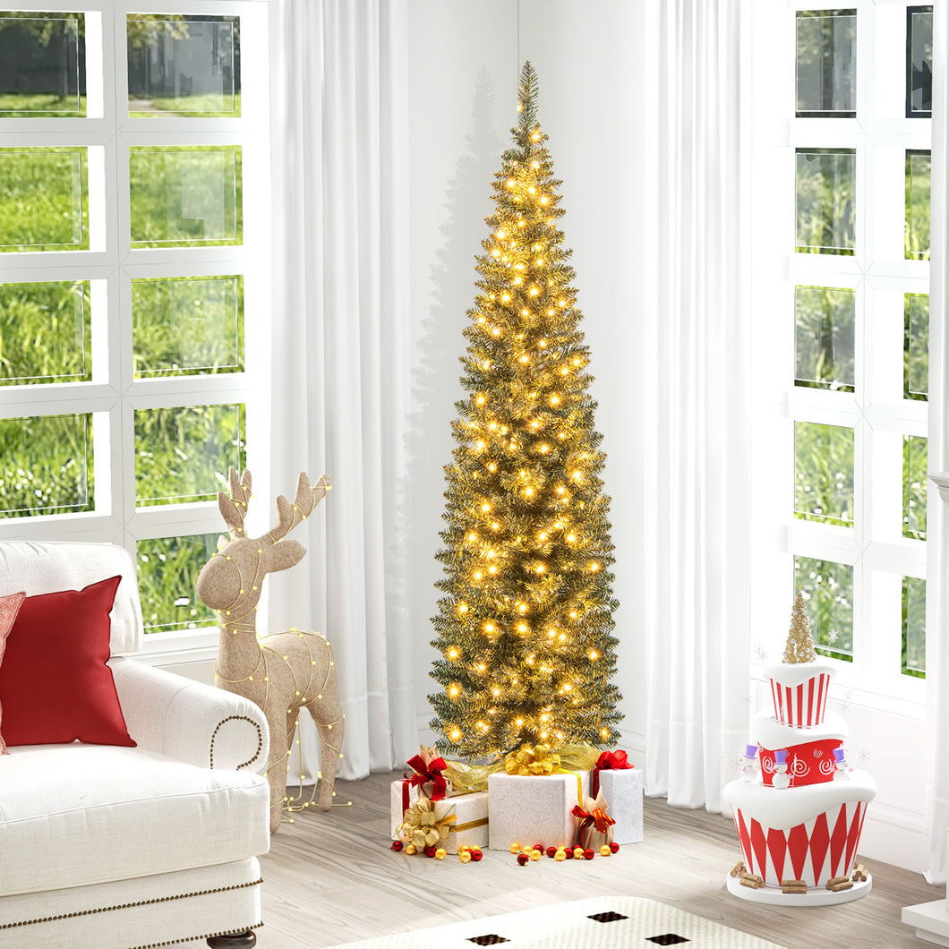 Gymax 6 ft Pre-Lit Artificial Christmas Tree Slim Pencil Xmas Tree Holiday Party Decor
