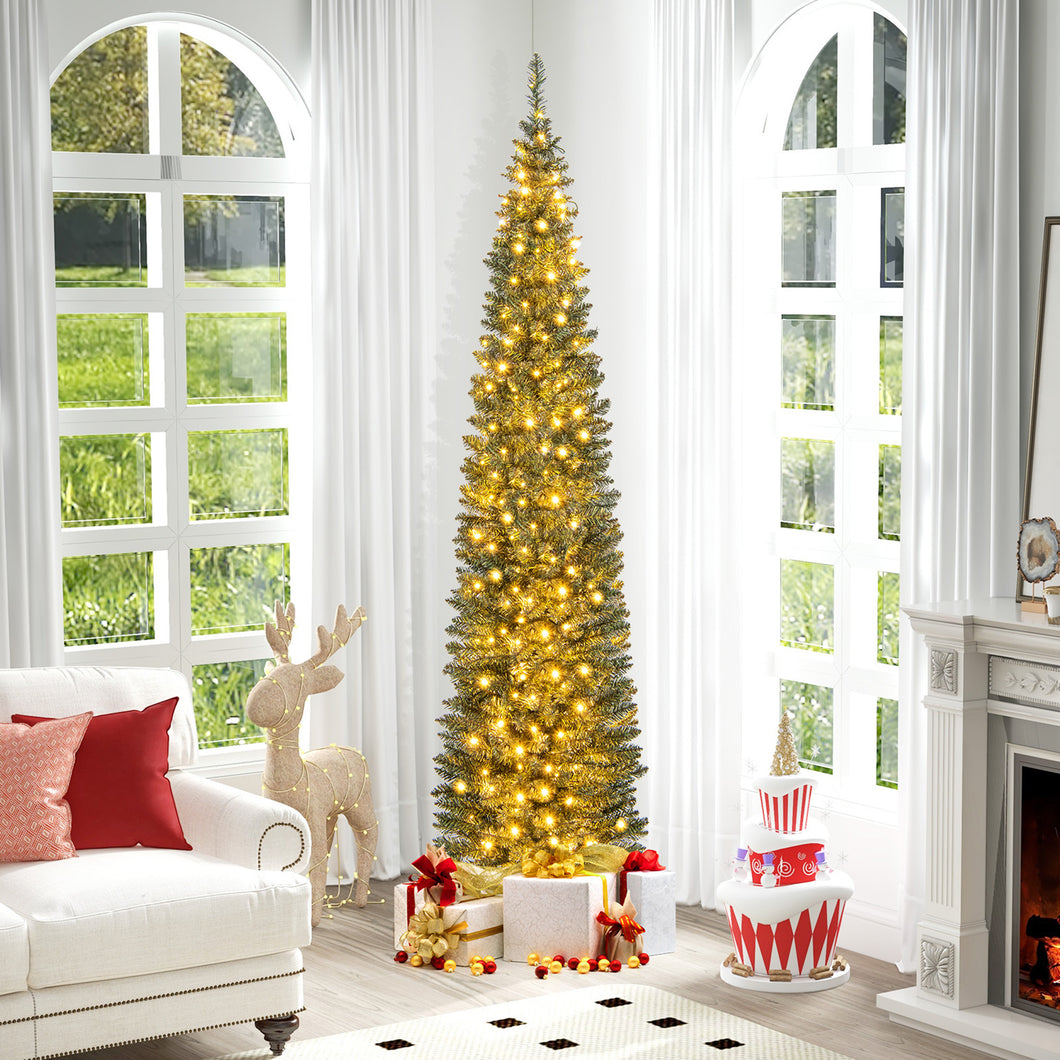 Gymax 7 ft Pre-Lit Artificial Christmas Tree Slim Pencil Xmas Tree Holiday Party Decor