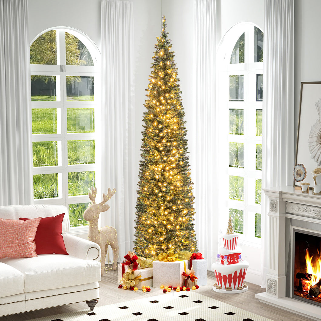 Gymax 8 ft Pre-Lit Artificial Christmas Tree Slim Pencil Xmas Tree Holiday Party Decor