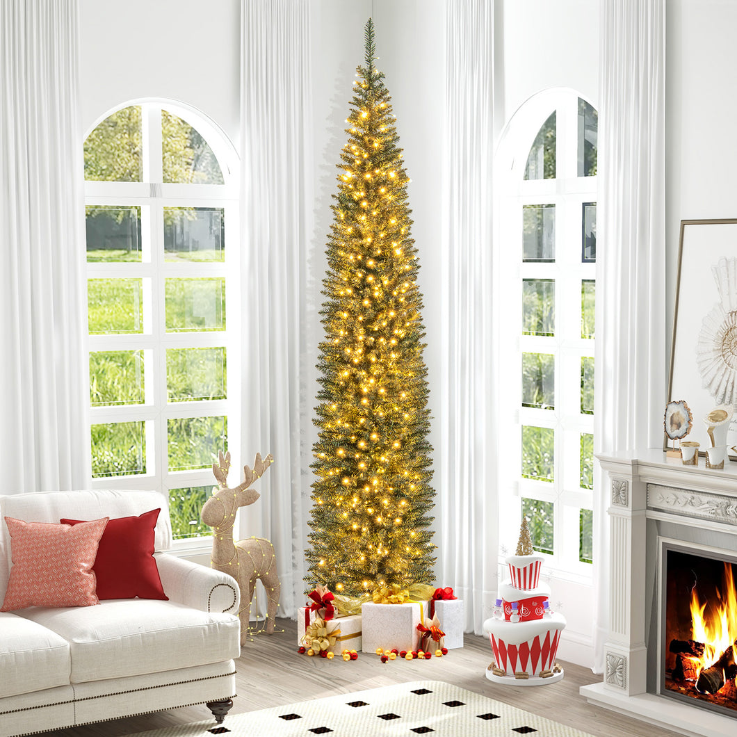 Gymax 9 ft Pre-Lit Artificial Christmas Tree Slim Pencil Xmas Tree Holiday Party Decor