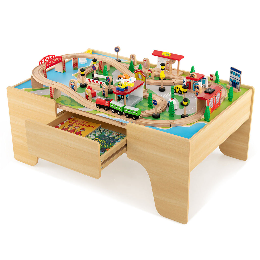 Gymax Kids Wooden Train Activity Playset with  Solid Wood Tracks Large Storage Drawer
