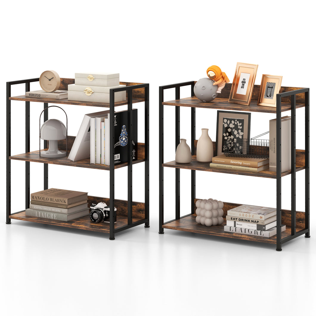Gymax 2 PCS 3-Tier Metal Frame Corner Bookcase with Adjustable Shelves Rustic Brown