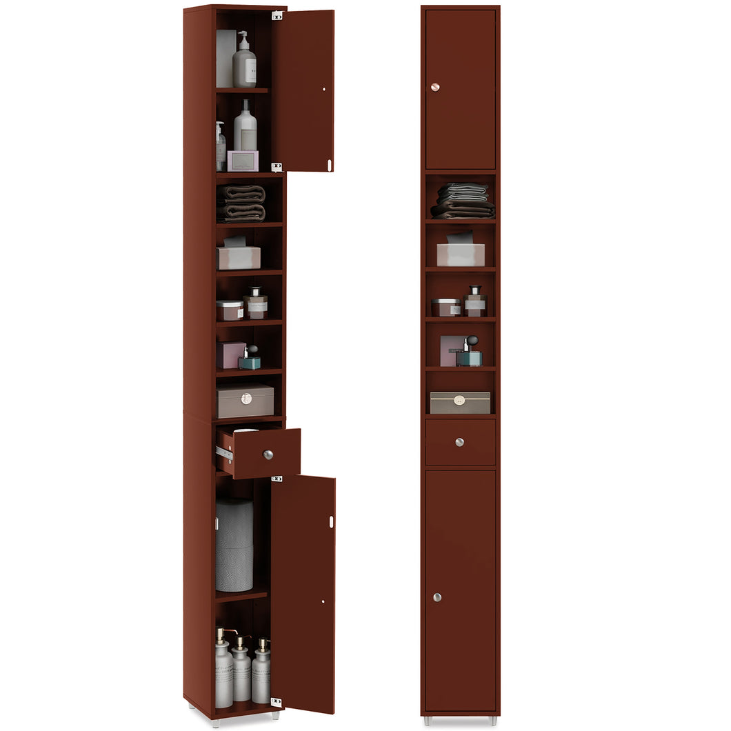Gymax Tall Slim Bathroom Storage Cabinet Linen Tower with Drawer Adjustable Shelves Brown